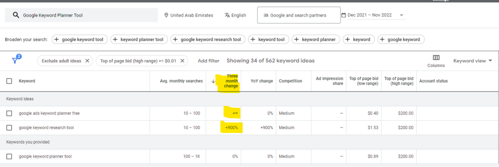 Three Month Changes Google Keyword Planner tool